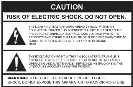CAUTION RISK OF ELECTRIC SHOCK. DO NOT OPEN. THE LIGHTNING FLASH AN ARROWHEAD SYMBOL. WITHIN AN EQUILATERAL TRIANGLE, IS INTENDED TO ALERT THE USER TO THE PRESENCE OF UNINSULATED TANGEROUS VOLTAGE WITHIN THE PRODUQ'S ENCLOSURE THAT MAY BE OF SUFFICIENT MAGNITUDE TO CONSTITUTE A RISK OF ELECTRIC SHOCK TO PERSONS. smart. THE EXCLAMATION POINT WITHIN AN EQUILATERAL TRIANGLE IS INTENDED TO ALERT THE USERID THE PRESENCE OF IMPORTANT OPERATING AND MAINTENANCE (SERVICING) INSTRUCTIONS IN THE LITERATURE ACCOMPANYING THE PRODUQ. WARNING: TO REDUCE THE RISK OF FIRE OR ELEORIC SHOCK, DO NOT EXPOSE THIS APPARATUS TO RAIN OR MOISTURE.