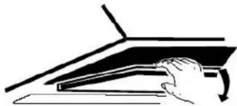 Illustration of a hand pressing down on a mechanical component with a curved arrow indicating motion (no text or symbols)