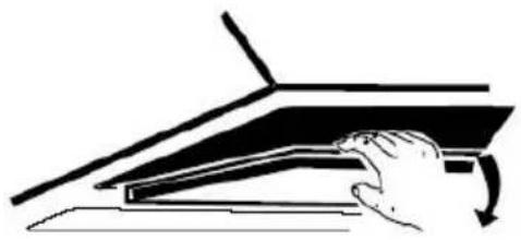 Illustration of a hand pressing down on a laptop keyboard (no text or symbols visible)