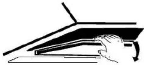 Line drawing of a hand pressing down on a piano keyboard.