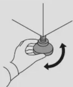 Illustration of a hand holding a small mechanical component with an arrow indicating rotational motion, no text or symbols.