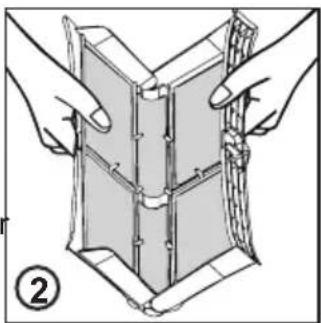 Illustration of two hands assembling a folded paper or panel structure (no text or symbols visible)