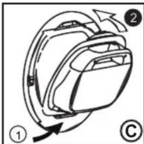 Diagram of a backpack with directional arrows indicating motion, no text or symbols.