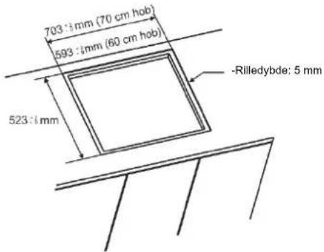 703 ± mm (70 cm hob) 593 ± mm (60 cm hob) 523 ± mm -Rilledybde: 5 mm