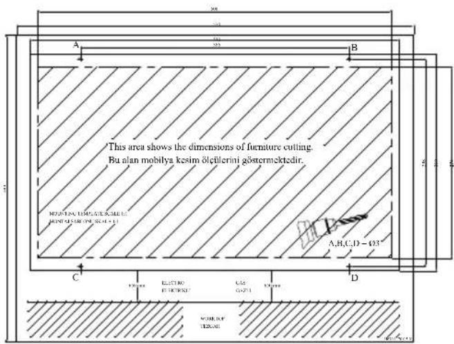 This area shows the dimensions of furniture cutting. Bu alan mobilya kesim ölctilerini göstermektedir. MOSO 120, ELEKTER, KALIK MOSO 120, ELEKTER, KALIK A,B,C,D=Ø3° C D ELECIO ELECIO GAS GAS-1 MOSO OF H2A4