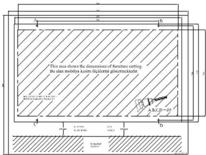 This area shows the dimensions of furniture cutting. Bu alan mobilya kesim ölcülterini göstermäcktedir. MABLOSO FUMO, B.C.D. MABLOSO GABLOSO, B.C.D. A.B.C.D = 02 C' D 120 mm E.CCTO E.L.K. K.M.S. 150 G.M.S.T. 120 mm MABLOSO R.S.O. C.