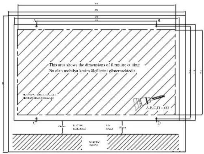 This area shows the dimensions of furniture cutting. Bu alan mobilya kesim ölcilerini göstermektedir. MOBILYA HEMI, E. K. KLET, MOBILYA SABOVA, SELA A1 A,B,C,D=Q3 C D ELECTRO ELIK TAKLI GOLZI Egceca MOBILYA HESLA1