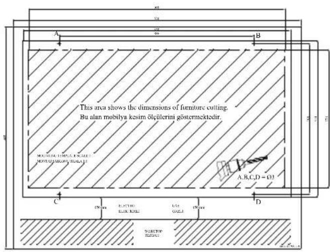 This area shows the dimensions of furniture cutting. Bu alan mobilya kesim ölcülerini göstermecktedir. MOUNTING TEMPLES, EQUITY MOBILITARIAN SELLAR A.R.C.D = 0.3 C 150 mm E.C.T.O. EL.K.T.K.E. 1/2" G.N.L. 150 mm D SUBSTOP ELK.T.K.E.