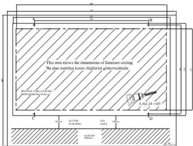 This area shows the dimensions of furniture cutting. Bu alan mobilya kesim ölcilerini göstermektodir. MOUNTING TEMPERATURE MOUNTING MOUNTING TEMPERATURE A,B,C,D=03 C D 170 mm ELECTRO ELECTRICAL GAS GAZI 170 mm MOUNTED TENSAL (50 Kmax)