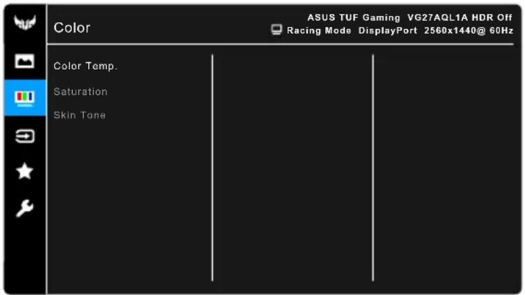 Color ASUS TUF Gaming VG27AQL1A HDR Off Racing Mode DisplayPort 2560x1440@ 60Hz Color Temp. Saturation Skin Tone