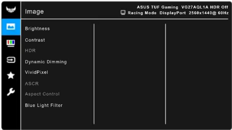 ASUS TUF Gaming VG27AQL1A HDR Off Racing Mode DisplayPort 2560x1440@ 60Hz Image Brightness Contrast HDR Dynamic Dimming VividPixel ASCR Aspect Control Blue Light Filter