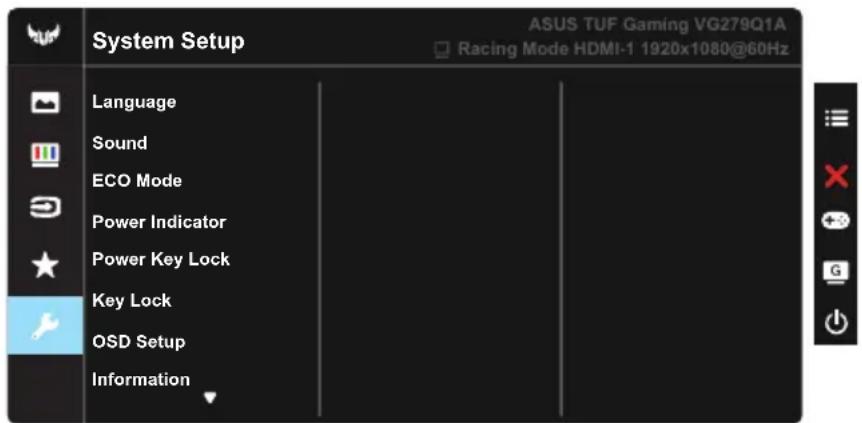 ASUS TUF Gaming VG279Q1A Racing Mode HDMI-1 1920x1080@60Hz System Setup Language Sound ECO Mode Power Indicator Power Key Lock Key Lock OSD Setup Information