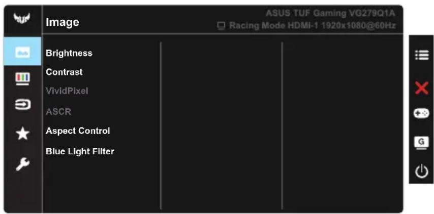 ASUS TUF Gaming VG279Q1A □ Racing Mode HDMI-1 1920x1080@60Hz Image Brightness Contrast VividPixel ASCR Aspect Control Blue Light Filter