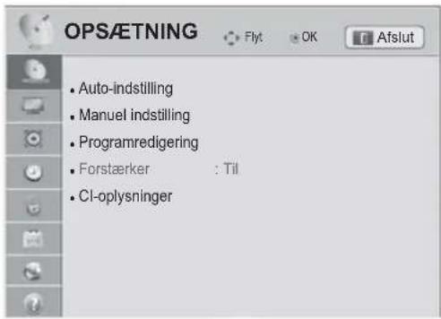 OPSÄETNING • Auto-indstilling • Manuel indstilling • Programredigering • Forstærker : Til • CI-oplysninger