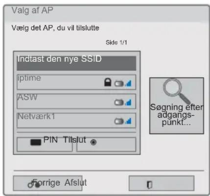 Valg af AP Vælg det AP, du vil tilslutte Side 1/1 Indtast den nye SSID iptime ASW Netværk1 PIN Tilslut Søgning efter adgangs- punkt... Forrige Afslut