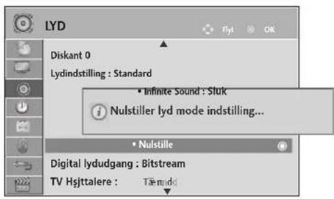 LYD Diskant 0 Lydindstilling : Standard • Infinite Sound : Sluk • Nulstiller lyd mode indstilling... • Nulstille Digital lydudgang : Bitstream TV Hsjttalere : Tæmidd