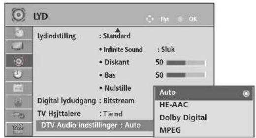 LYD Lydindstilling : Standard • Infinite Sound : Sluk • Diskant 50 • Bas 50 • Nulstille Digital lydudgang : Bitstream TV Hsjttalere : Tænd DTV Audio indstillinger : Auto Auto HE-AAC Dolby Digital MPEG