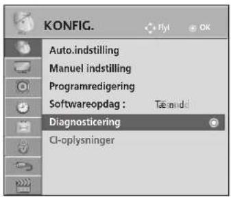 KONFIG. Auto.indstilling Manuel indstilling Programredigering Softwareopdag : Tæ midd Diagnosticering CI-oplysninger