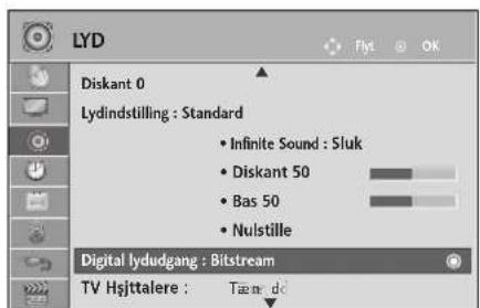 LYD Diskant 0 Lydindstilling : Standard • Infinite Sound : Sluk • Diskant 50 • Bas 50 • Nulstille Digital lydudgang : Bitstream TV Hsjttalere : Tæm: d