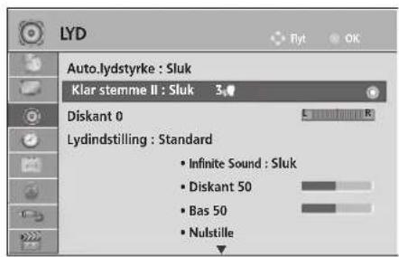 LYD Auto.lydstyrke : Sluk Klar stemme II : Sluk 3# Diskant 0 Lydindstilling : Standard • Infinite Sound : Sluk • Diskant 50 • Bas 50 • Nulstille