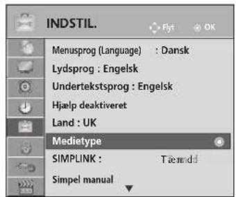 INDSTIL. Flyt OK Menusprog (Language) : Dansk Lydsprog : Engelsk Undertekstsprog : Engelsk Hjælp deaktiveret Land : UK Medietype SIMPLINK : Tæsmdd Simpel manual
