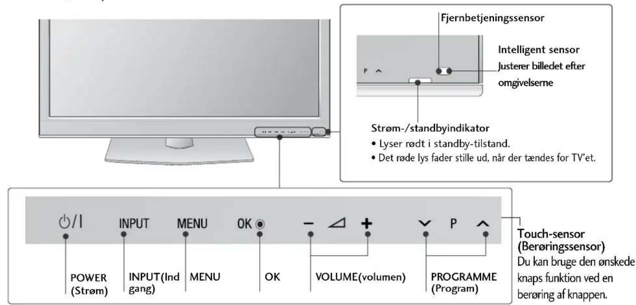 Fjernbetjeningssensor Intelligent sensor justerer billedet efter omgivelserne Strøm-/standbyindikator • Lyser rødt i standby-tilstand. • Det røde lys fader stille ud, når der tændes for TV'et. /1 INPUT MENU OK - VOLUME(volumen) P Touch-sensor (Strøm) INPUT(Ind gang) MENU OK PROGRAMME (Program) Du kan bruge den ønskede knaps funktion ved en berøring af knappen.