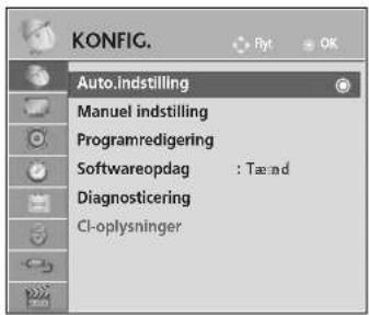 KONFIG. Auto.indstilling Manuel indstilling Programredigering Softwareopdag : Tænd Diagnosticering CI-oplysninger