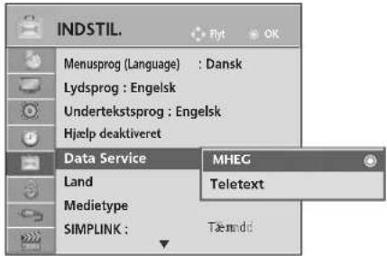 INDSTIL. Menusprog (Language) : Dansk Lydsprog : Engelsk Undertekstsprog : Engelsk Hjelp deaktiveret Data Service MHEG Land Teletext Medietype SIMPLINK : Tæmndd