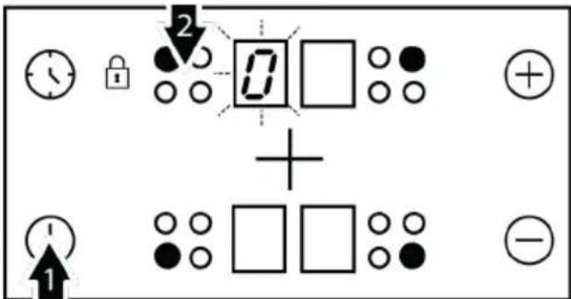 Diagram showing a control panel with clock, lock, plus/minus symbols, and display indicators for status or operation.