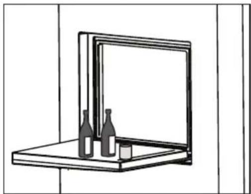 Simple line drawing of a wall-mounted monitor with bottles and a glass (no text or symbols)