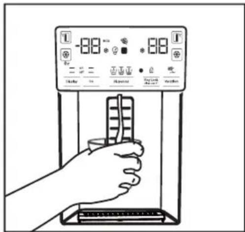 Line drawing of a hand holding a temperature control device with digital display and control buttons labeled in English.