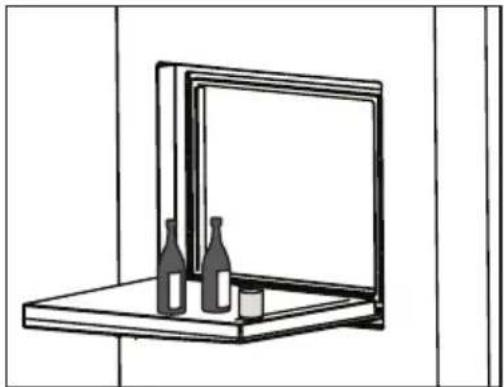 Simple line drawing of a wall-mounted monitor with two bottles and a glass on top (no text or symbols).