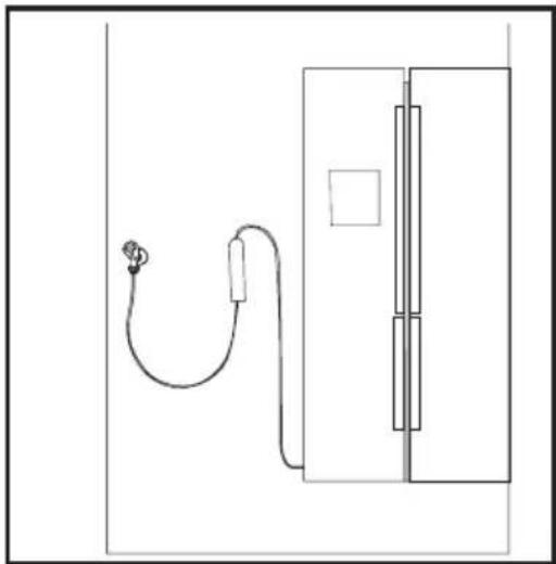 Simple line drawing of a device with a cable and connector, next to a door (no text or symbols)