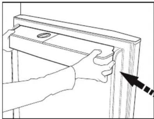 Line drawing of hands installing or adjusting a wooden shelf panel (no text or symbols)
