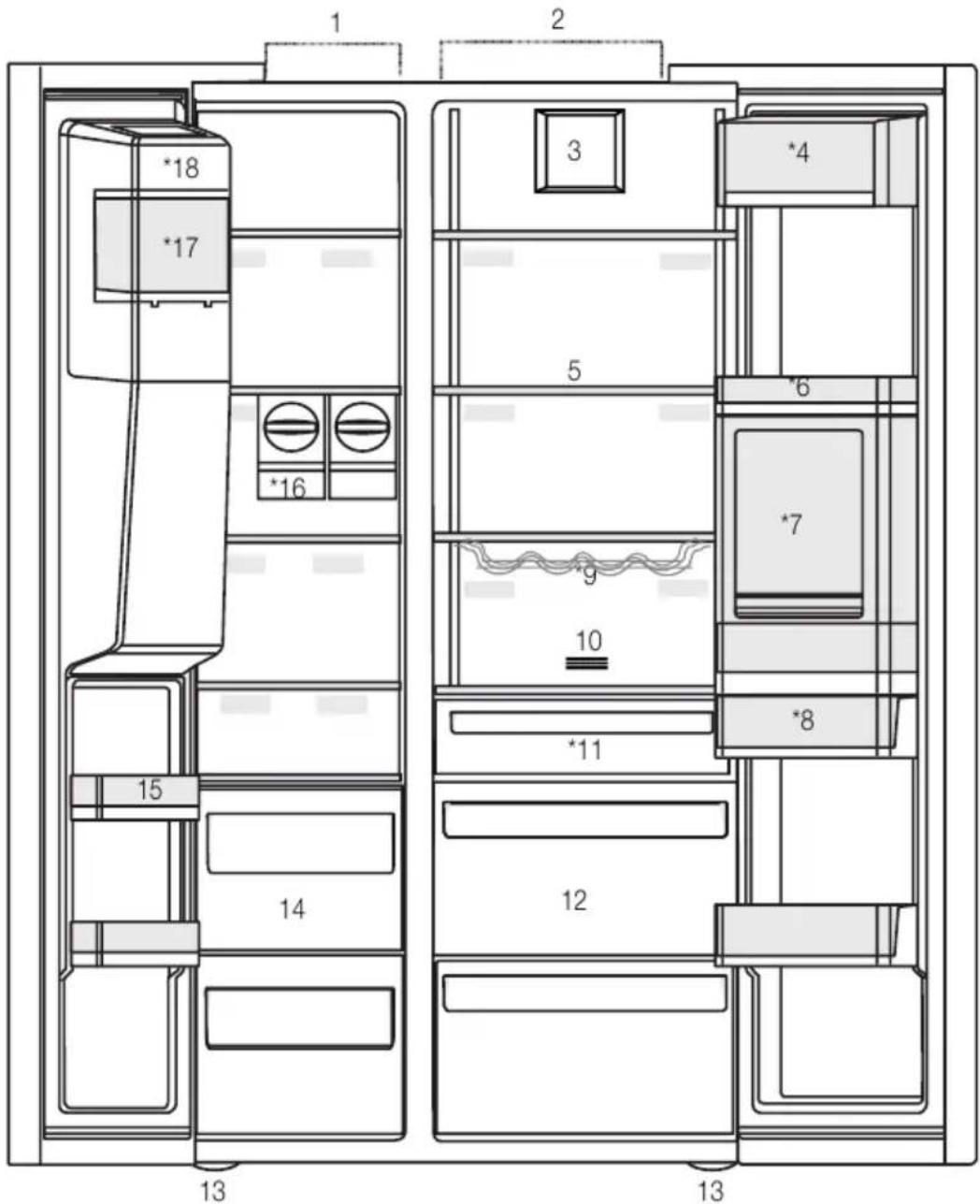 Technical diagram of a refrigerator interior with numbered compartments and labeled fixtures