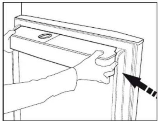 Line drawing of hands installing or adjusting a wooden door panel (no text or symbols)