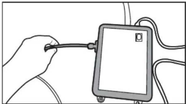 Illustration of a hand holding a cable connected to a tablet device (no text or symbols visible).