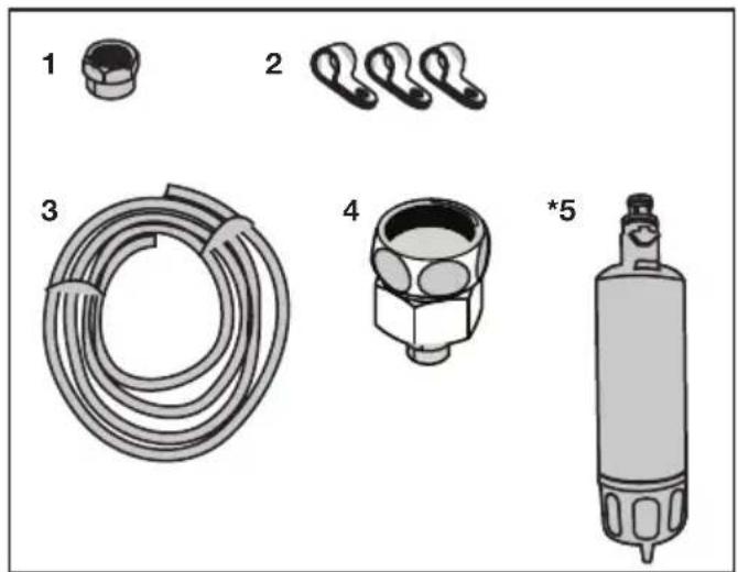 Illustration of five different types of hair connectors and tubing, including a coiled hose, a connector, a pressure vessel, and a cylindrical device (no text or symbols present)