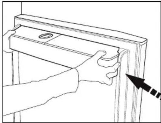 Line drawing of a person using a tool to adjust or install a wooden shelf panel, no text or symbols.
