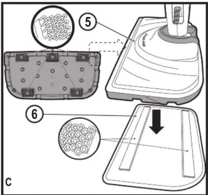 Technical diagram showing a device with labeled parts and a downward arrow indicating a process or assembly step.