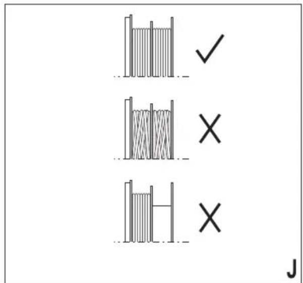 Diagram showing three vertical bar configurations with check and cross symbols, labeled 'J' at bottom right.