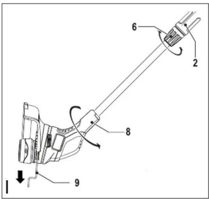 Technical diagram of a mechanical device with numbered components and directional arrows indicating motion or assembly.
