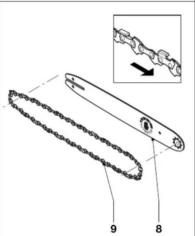 Technical diagram of a chain-linking tool with labeled parts and an inset showing the chain's edge detail.