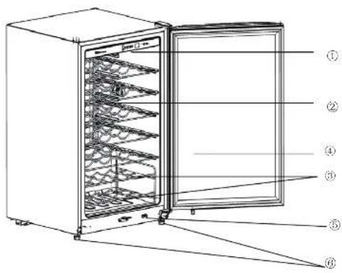 Technical diagram of an open refrigerator with numbered labels pointing to different internal compartments.