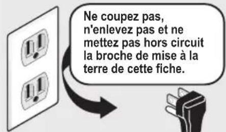 Ne coupez pas, n'enlevez pas et ne mettez pas hors circuit la broche de mise à la terre de cette fiche.