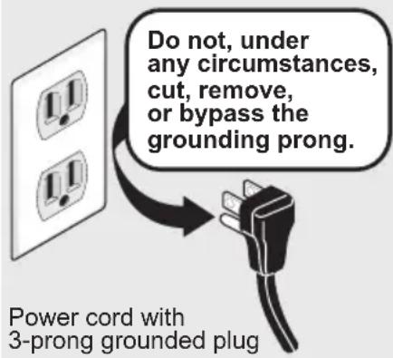 Do not, under any circumstances, cut, remove, or bypass the grounding prong. Power cord with 3-prong grounded plug