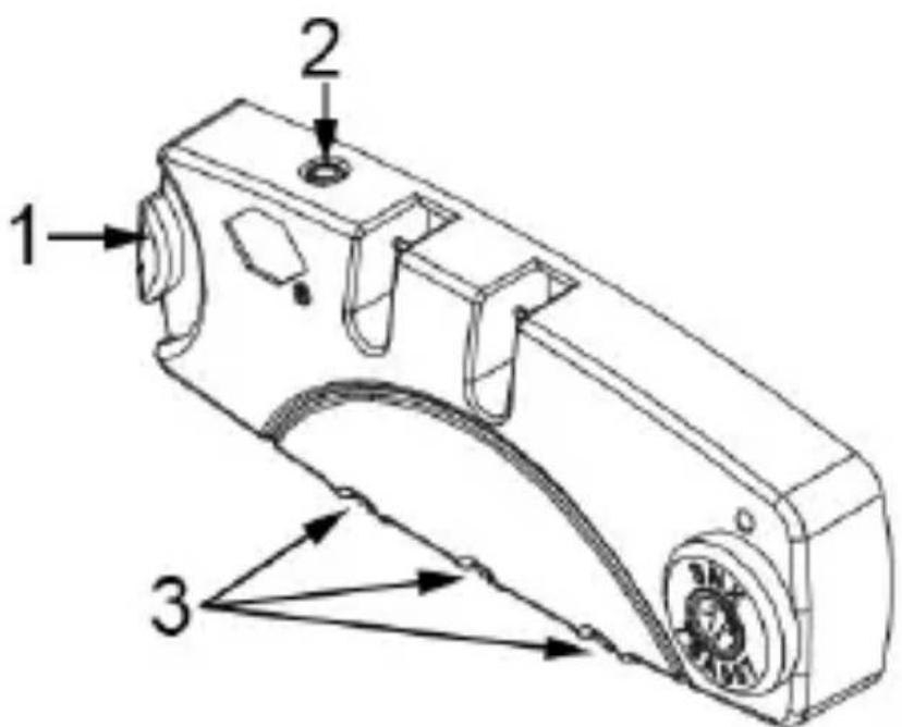 Technical diagram of a mechanical device with numbered components and directional arrows indicating motion or assembly.