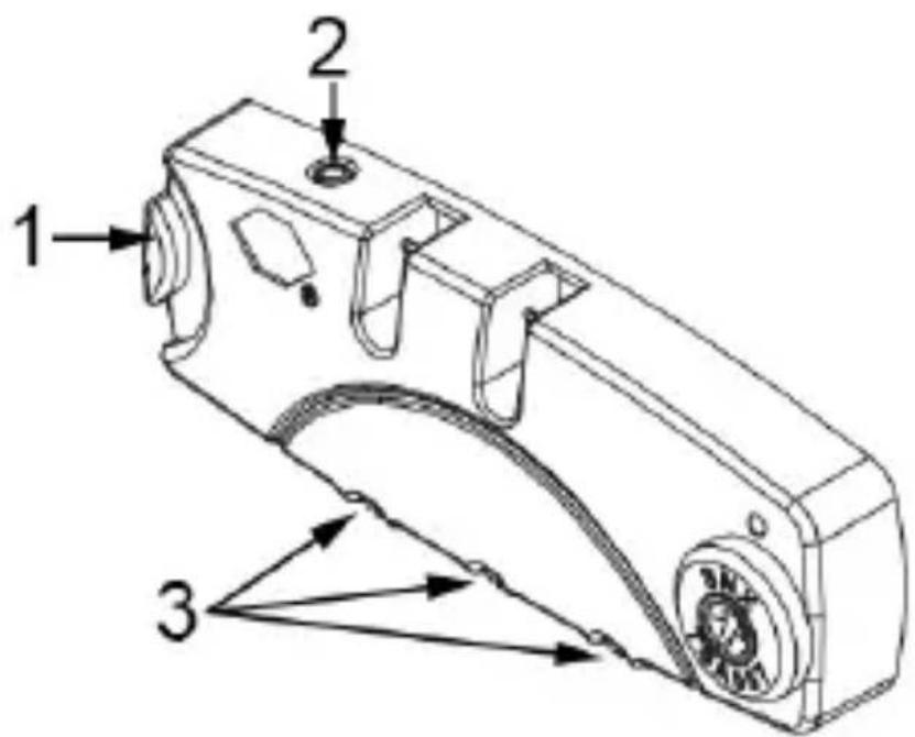 Technical diagram of a mechanical device with numbered components and directional arrows indicating motion or force vectors.