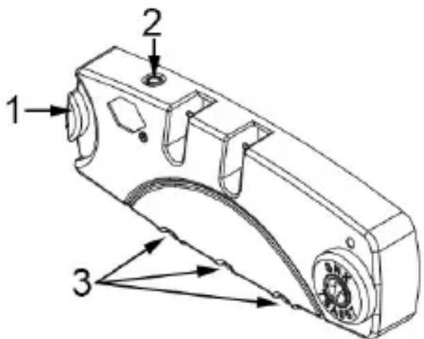 Technical diagram of a mechanical device with numbered components and directional arrows indicating motion or force vectors.