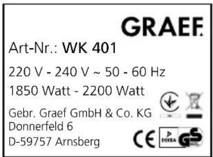 GRAEF WK 403 - TEKNISKE SPESIFIKASJONER - 1